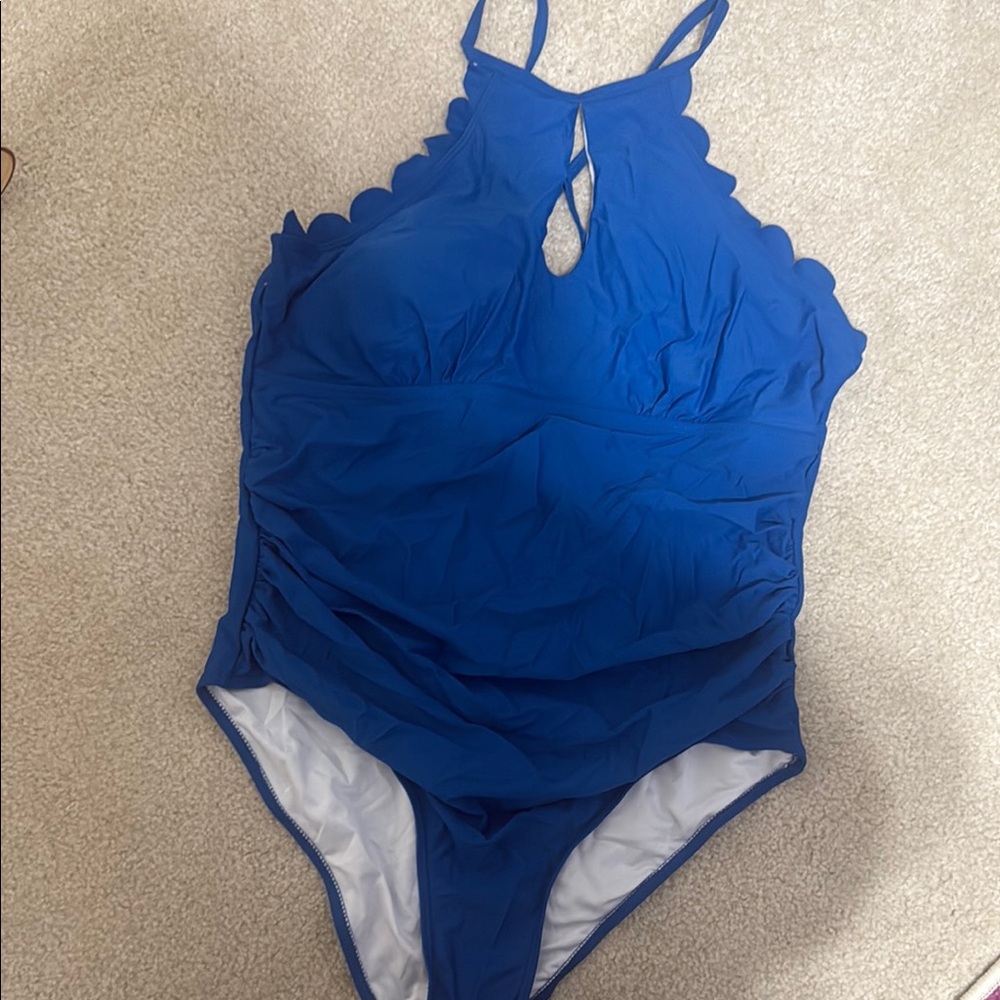 Blue Scalloped Women Swim One Piece